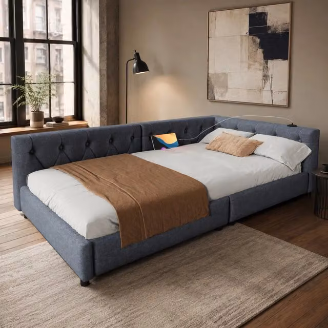 Divano letto con rete a doghe 90x200 cm; lino grigio; LED a 7 colori e USB/Type-C