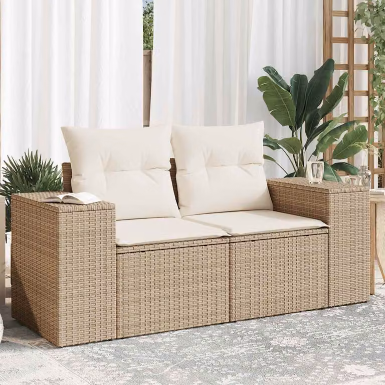 vidaXL Divano da giardino a 2 posti in polyrattan beige con cuscini inclusi