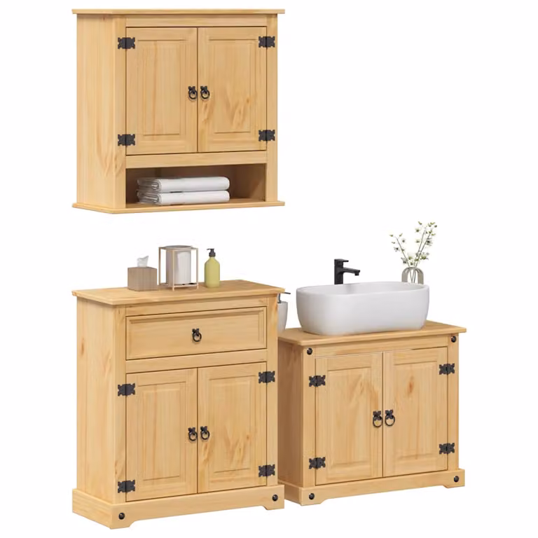 Set di mobili da bagno vidaXL Corona in 3 pezzi in legno di pino massello color marrone e beige con finitura cerata rustica