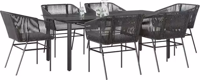 Set Pranzo da Giardino 7 pz Nero con Cuscini Polyrattan Vetro 3334616