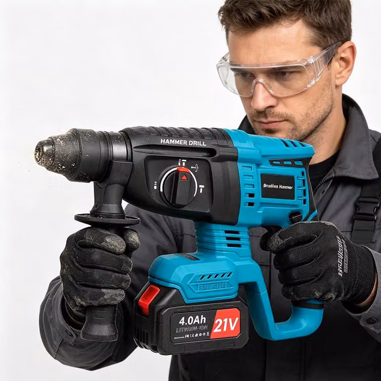 ZELURXX Trapano avvitatore a batteria da 21V, motore brushless, attacco SDS-Plus, 2 batterie da 4,0Ah, 3 funzioni, set con scalpelli