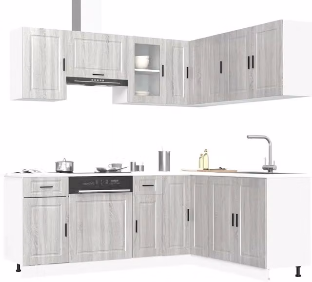 Set di mobili da cucina moderno vidaXL in MDF e vetro, colore grigio, 11 pezzi