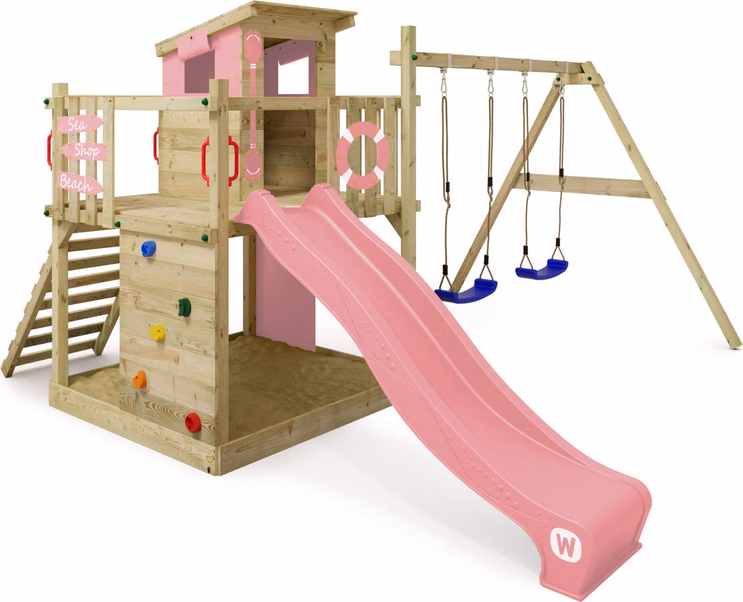 Torre giochi Wickey Smart Camp con casetta e altalena in rosa chiaro