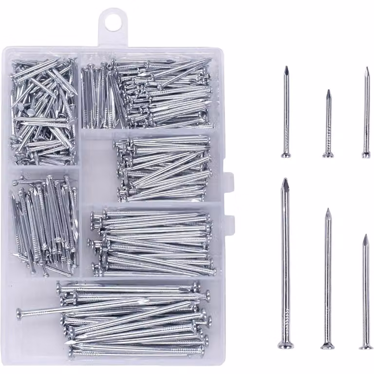 Set di chiodi in acciaio zincato, 386 pezzi, lunghezza massima di 5 cm (2 pollici), con scatola di stoccaggio, disponibile in 6 diverse dimensioni