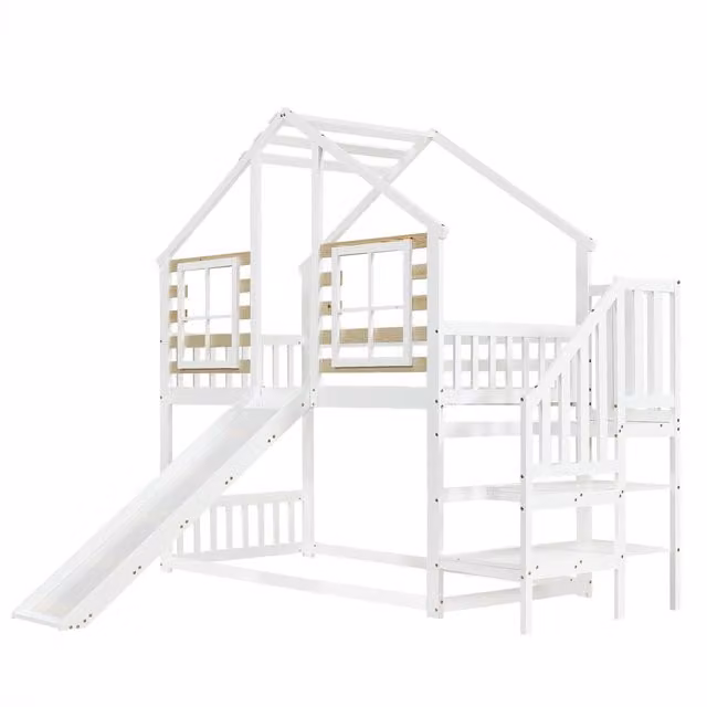 Letto a castello per bambini con scivolo, scala e struttura a casetta in legno e MDF, bianco e naturale, L/P/H: 200 x 90 x 120 cm – 1