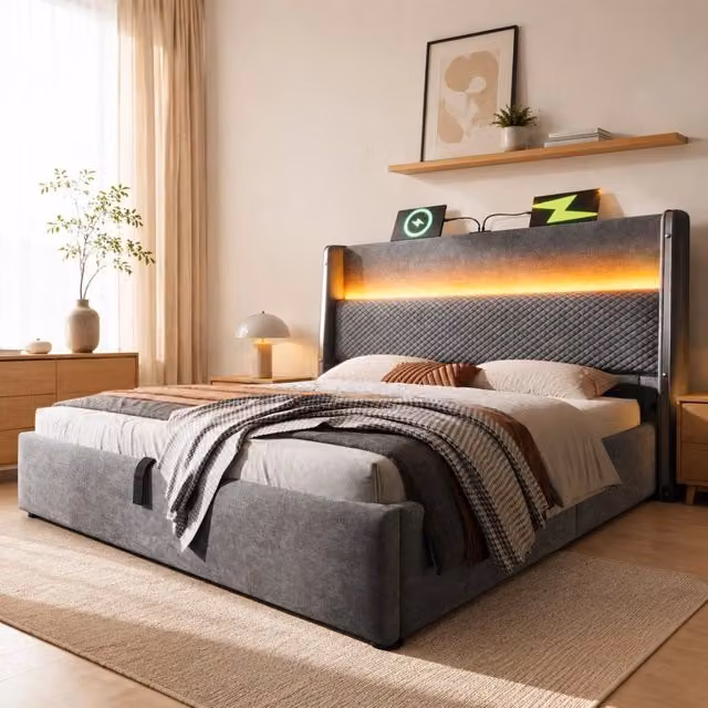 Letto contenitore 140x200 cm con LED, USB e Type-C, rivestimento in lino grigio