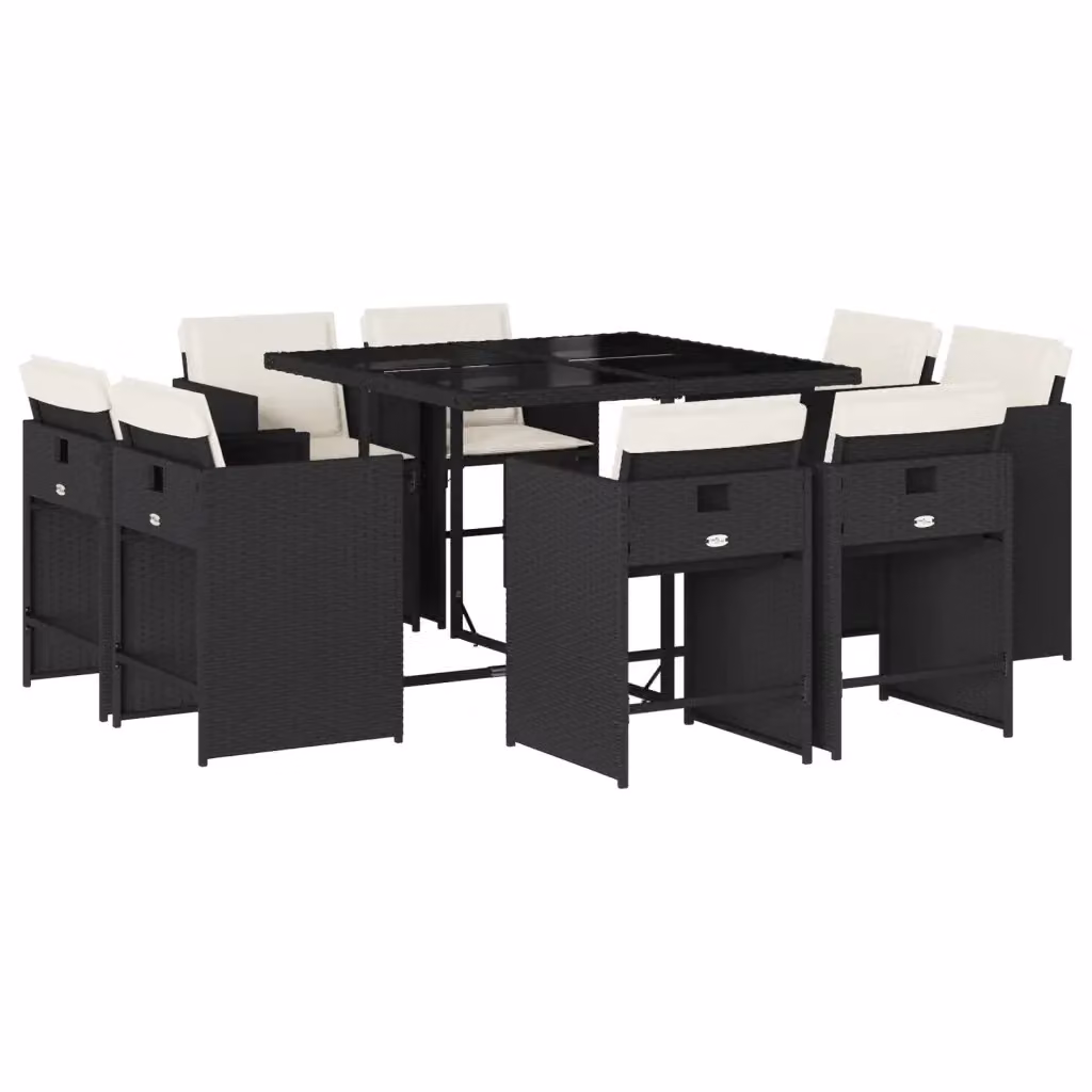 Set da pranzo da giardino vidaXL in polyrattan nero con cuscini e piano in vetro per terrazzo o giardino – 2