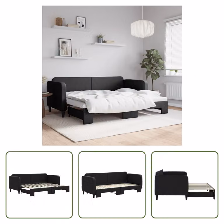 The Living Store letto da giorno allungabile nero 80x200 cm in tessuto