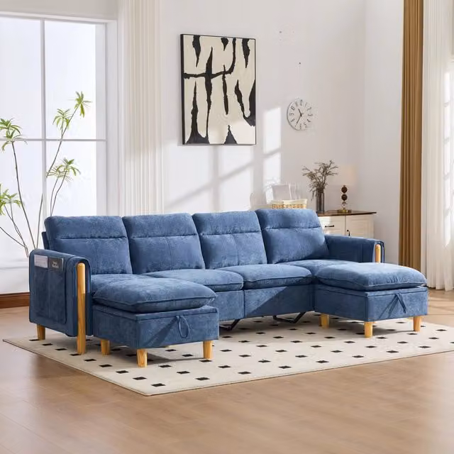 Divano modulare 4 posti 261x77x86 cm con 2 pouf contenitore; configurabile in ciniglia blu