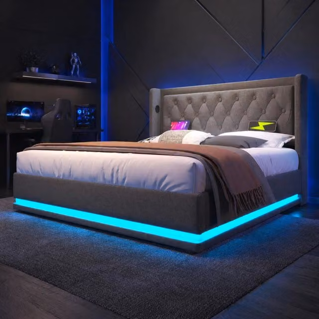 Letto matrimoniale 160x200 cm in cotone grigio con contenitore; LED e USB Tipo-C