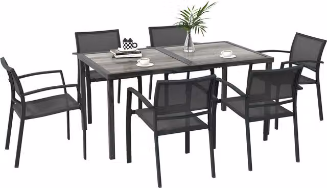 Set da giardino Outsunny con tavolo rettangolare effetto legno e 6 sedie impilabili in tessuto a rete, Grigio