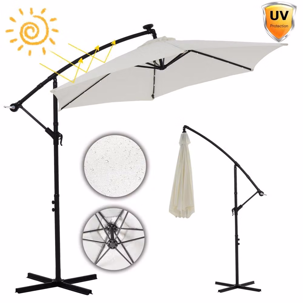 Ombrellone a palo centrale ⌀3,5M Beige con protezione solare a LED Manovella Ombrellone solare da giardino