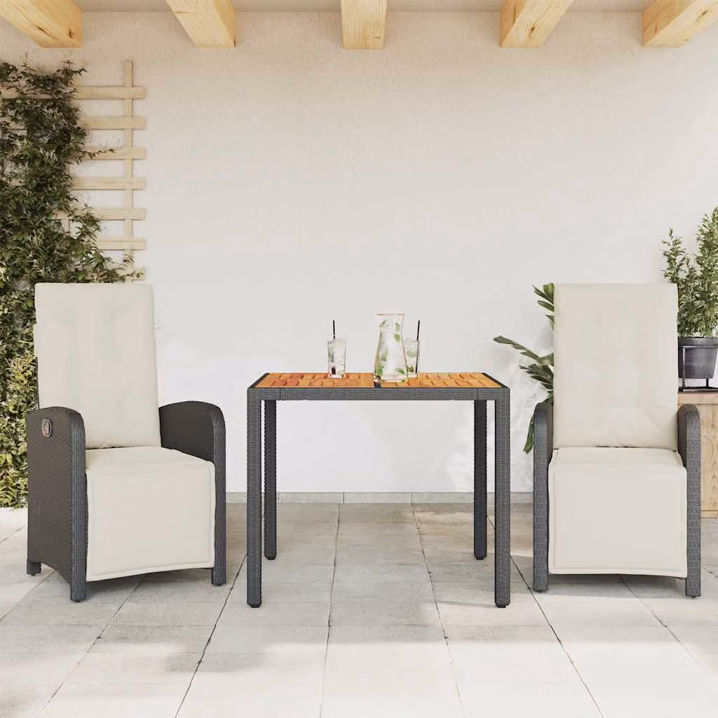 Set da Bistrò vidaXL in Polyrattan Nero con Cuscini e Piano in Legno di Acacia