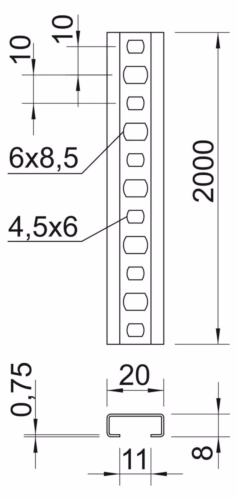Guida profilata OBO forata 2060 L 2M FS SW11 2000x20x8 pz. FS 1106627