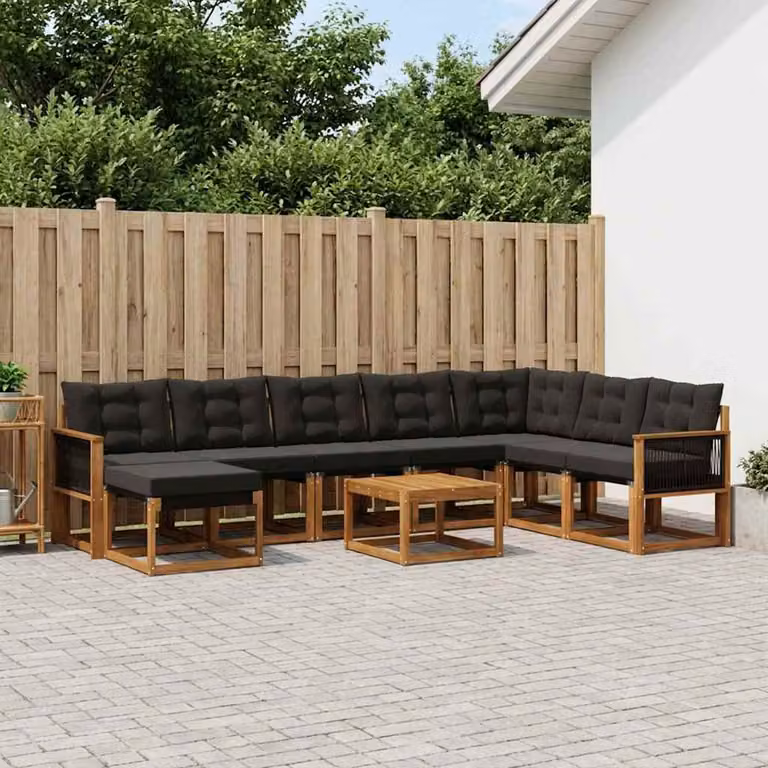 Set di divani da esterno vidaXL 9 pz in legno di acacia con cuscini e tavolino, colore marrone e nero