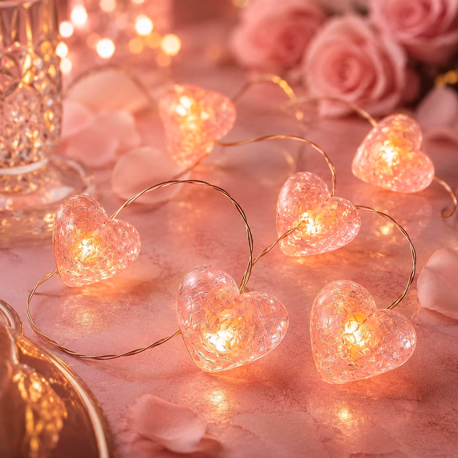 Catena luminosa con 30 cristalli a forma di cuore, lunghezza 3 metri, luce bianco caldo, colore rosa