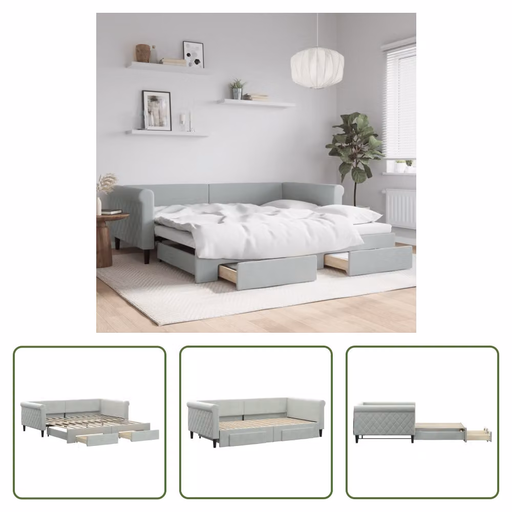 The Living Store Letto da giorno allungabile con cassetti grigio chiaro 100x200 cm in velluto