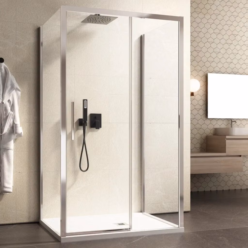 Box doccia Olimpo Docce a tre lati con apertura scorrevole, forma a U rettangolare, cristallo trasparente 6mm, L: 110 cm, P: 70 cm, H: 195 cm – 2