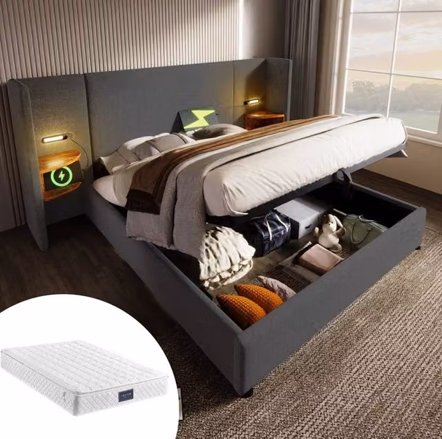 Letto matrimoniale 160x200 cm in tessuto grigio con contenitore, luci da lettura e ricarica USB Type-C, struttura in legno massello e metallo con rete a doghe