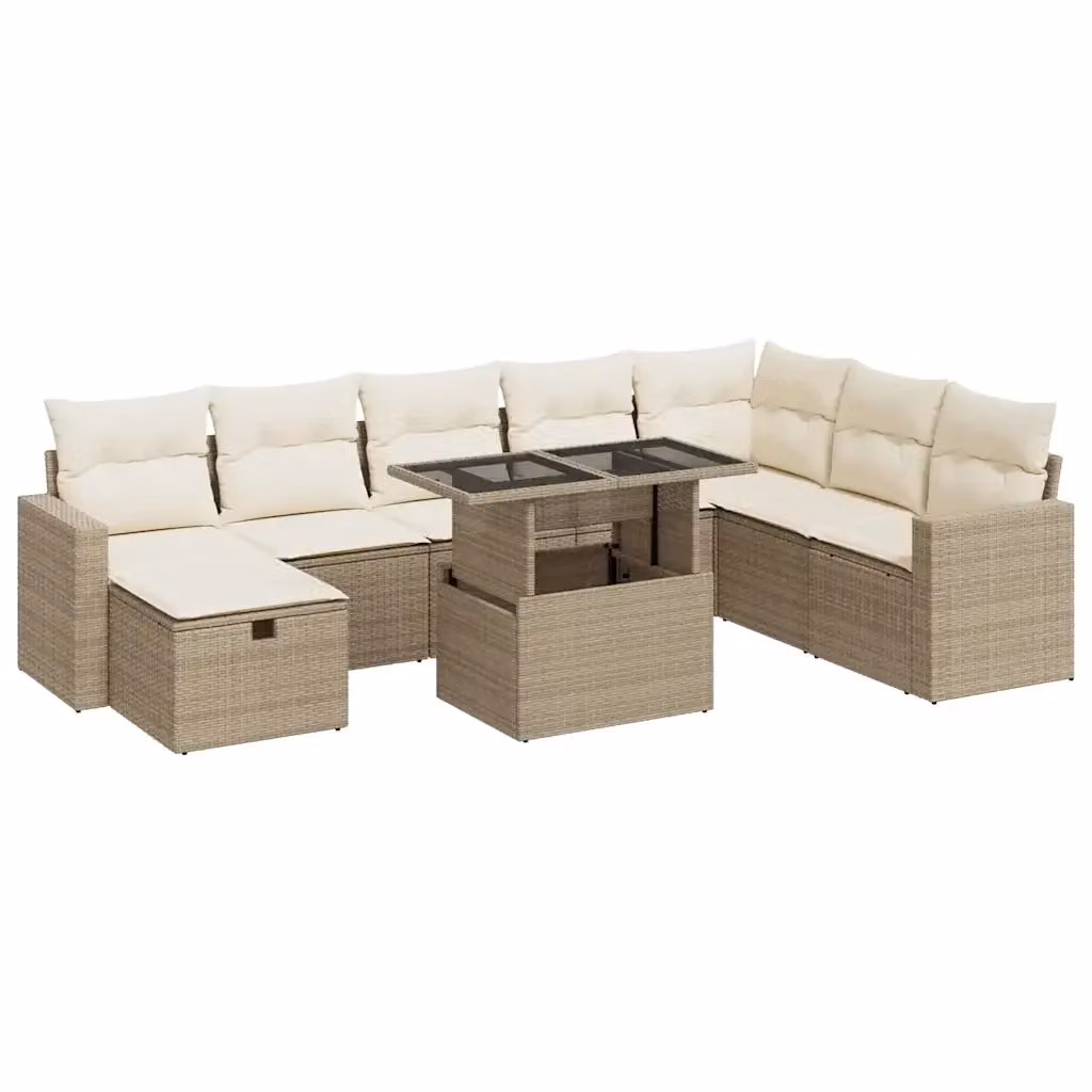 Set Divano da Giardino 9 pz vidaXL con Cuscini Beige e Tavolino in Polyrattan e Metallo – 2