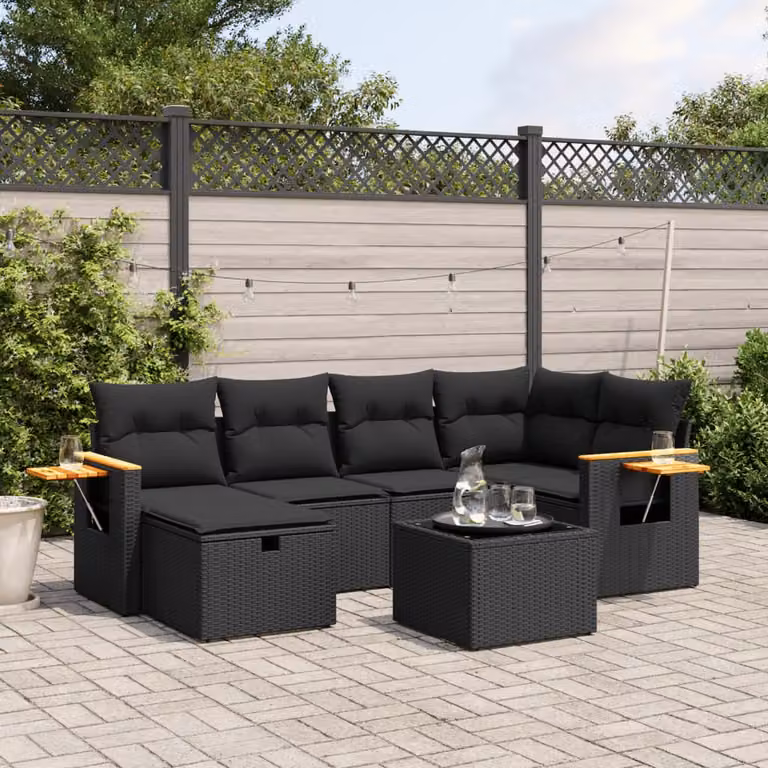 vidaXL Set Divani da Giardino a L con Cuscini 7pz Nero con Tavolino e Ottoman in Polyrattan e Acciaio