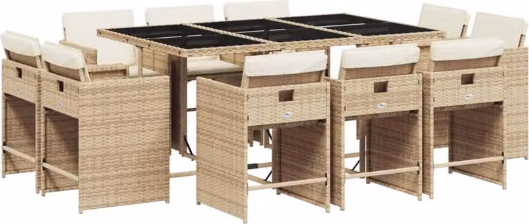 Set da Pranzo da Giardino 11 pz con Cuscini Beige in Polyrattan