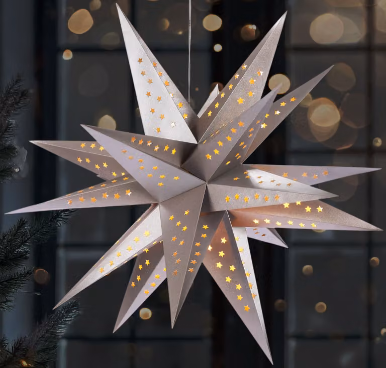 BRUBAKER Stella di Natale 3D - stella illuminata da 60 cm - funzionamento a batteria con timer - stella a LED per la decorazione di finestre - stella di carta di Natale, argento