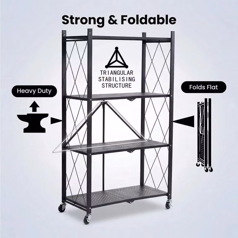 Sistema scaffalatura pieghevole - Scaffale in metallo a 4 ripiani - Acciaio inossidabile - Capacità di carico 35 kg - Dimensione L - Adatto per cucina, soggiorno, ufficio