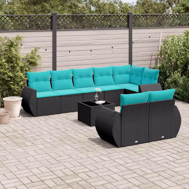 Set Divani da Giardino vidaXL 9 pz in Polyrattan con Cuscini e Tavolino, Design Moderno a L, Colore Nero e Blu