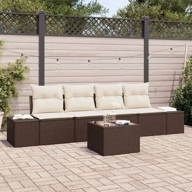 Set di divani da giardino vidaXL in rattan marrone e beige con cuscini e tavolino da caffè