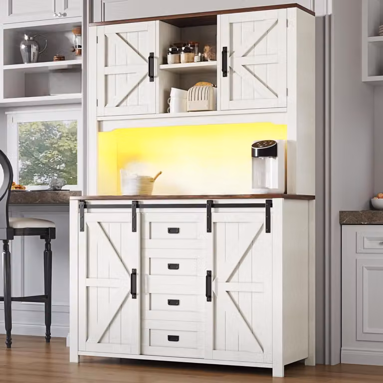 Mobiletto da cucina/credenza, altezza 174,7 cm, bianco, con illuminazione a LED e 2 cassetti