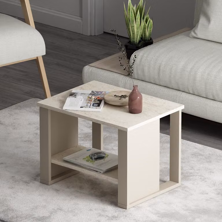 HOMIDEA BOSS Tavolino con vano portaoggetti - Tavolino da salotto moderno 60 × 45 × 43,6 cm - Tavolino - Travertino/Beige