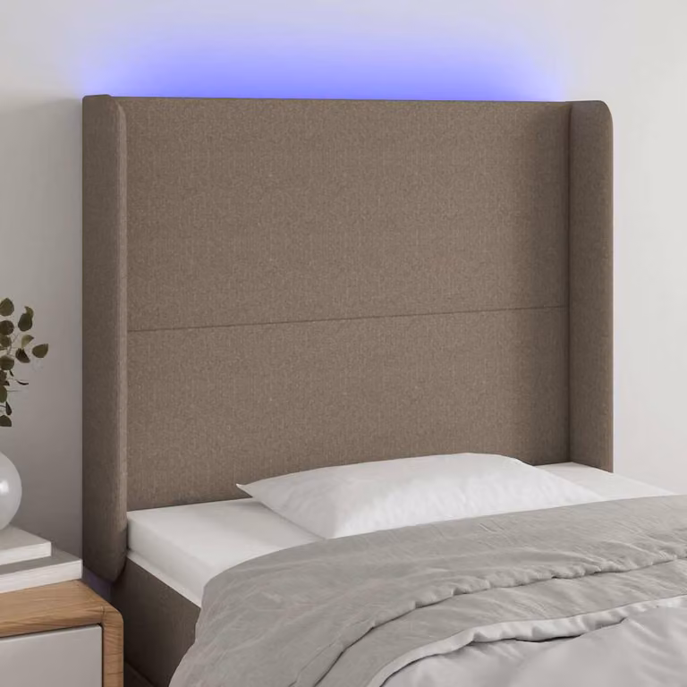 Testiera per letto vidaXL con illuminazione LED e porta USB, rivestimento in tessuto beige, L: 103 cm, P: 16 cm, H: 118-128 cm
