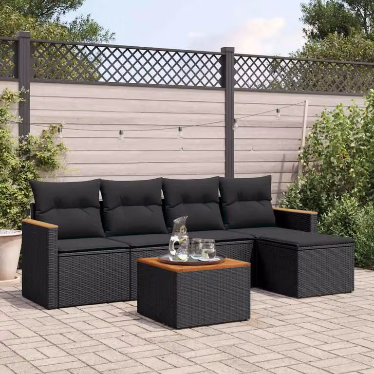 vidaXL Set Divano da Giardino a L in Polyrattan Nero con Cuscini e Tavolino da 6 Pezzi