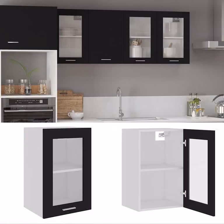 Pensile da cucina moderno vidaXL Lyon con ante in vetro nero L 40 cm, P 31 cm, H 60 cm