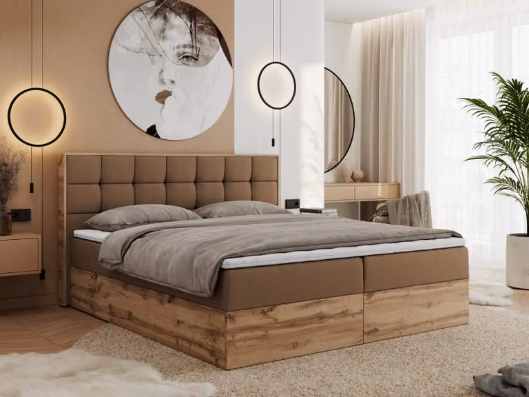 MKS MEBLE Letto boxspring 200x200 con contenitore in rovere, letto imbottito 200x200 con materasso H4, letto 200x200 con testiera, rovere Wotan - 200x200 - Pelle finta marrone - Albero-1
