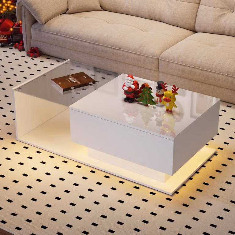 Tavolino da divano STILVORA con piano in vetro e illuminazione LED, tavolino per soggiorno con 1 cassetto, superficie resistente ai graffi, bianco lucido