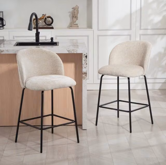 Set di 2 sgabelli da bar beige con schienale, poggiapiedi e gambe in acciaio