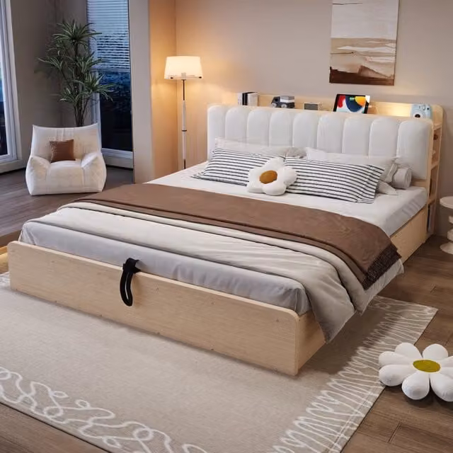 Letto contenitore 180 × 200 cm con rete a doghe e testiera imbottita in legno naturale con prese USB e luce notturna