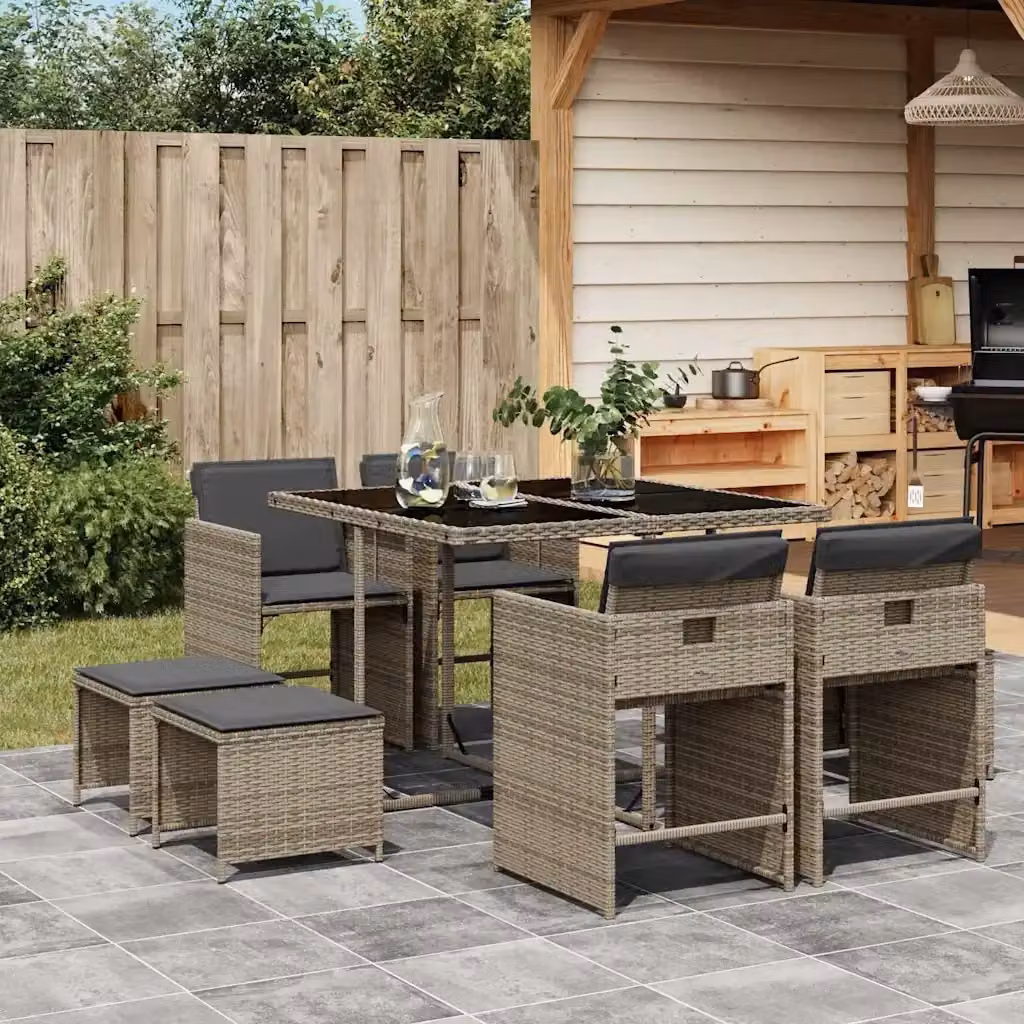 Set da Pranzo da Giardino 9 pz in Polyrattan Grigio e Nero con Piano in Vetro – 2