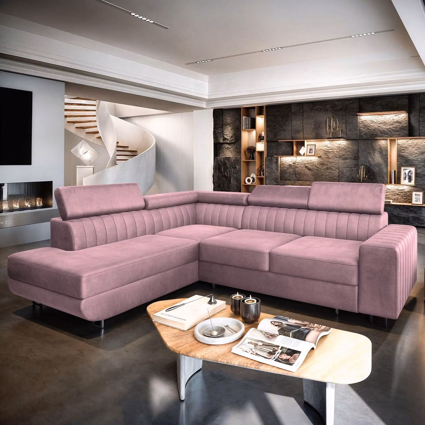 Divano angolare NOLA L-S di Masseno con funzione letto a L, divano con box letto, divano da salotto, divano, divano letto, set di divani - viola, MONOLITH 62