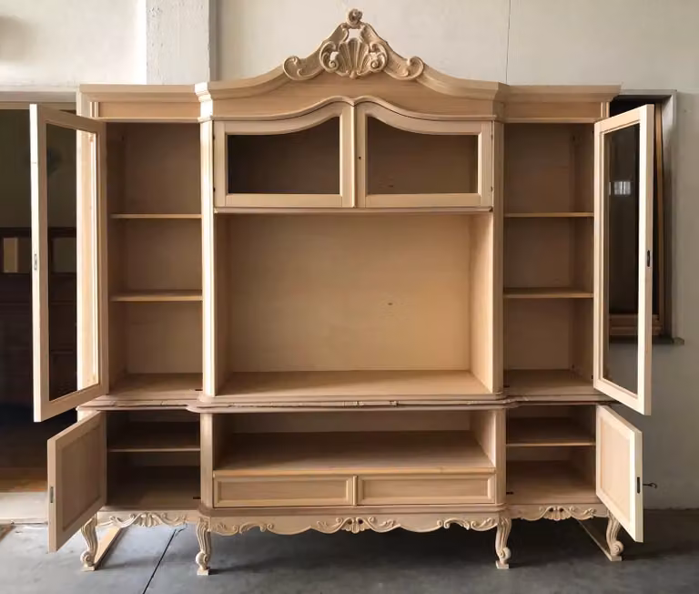 Parete porta TV classica barocco in legno grezzo Mobili 2G L/P/H: 258 x 60 x 255 cm