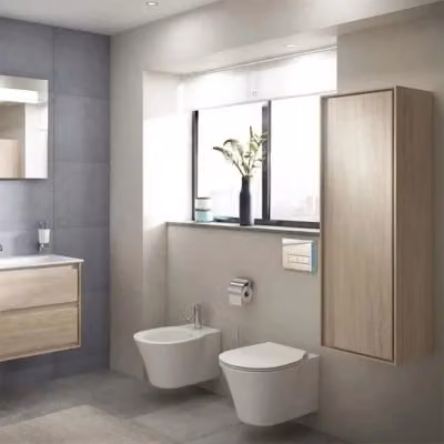 Sanitario sospeso Ideal Standard Connect in ceramica bianca con tecnologia Rimless AquaBlade e copriwater originale L/P/H: 54,5 x 36,5 x 34 cm – 2