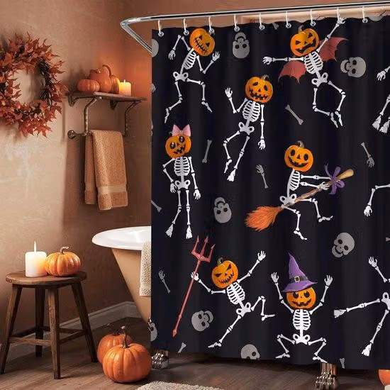 Tenda da bagno impermeabile per Halloween con motivi a zucca e teschi, 180x180 cm, con 12 ganci inclusi