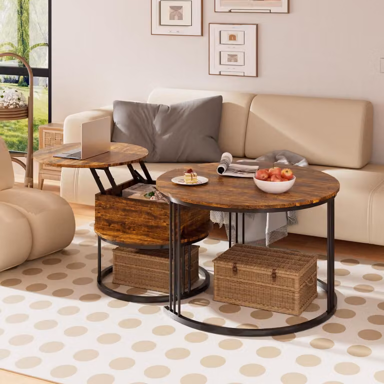 Tavolino da divano rotondo, con sistema di stoccaggio nascosto, altezza regolabile, stile rustico, colore marrone, diametro 70 cm e 50 cm