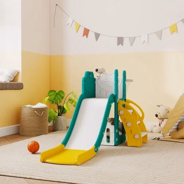 Scivolo per bambini ULEVR 5 in 1 178x70x86 cm con canestro, telescopio, parete da arrampicata e box giallo