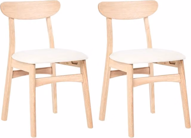 Set di 2 sedie da pranzo in legno di gomma marrone chiaro e beige chiaro, con seduta in tessuto e design retrò senza braccioli