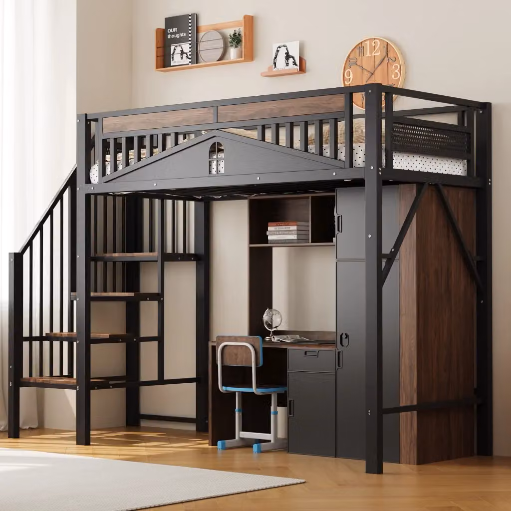 Letto a soppalco singolo OKWISH nero con scala contenitori e recinzione di sicurezza, L/P: 90 x 200 cm, H: 170 cm – 2