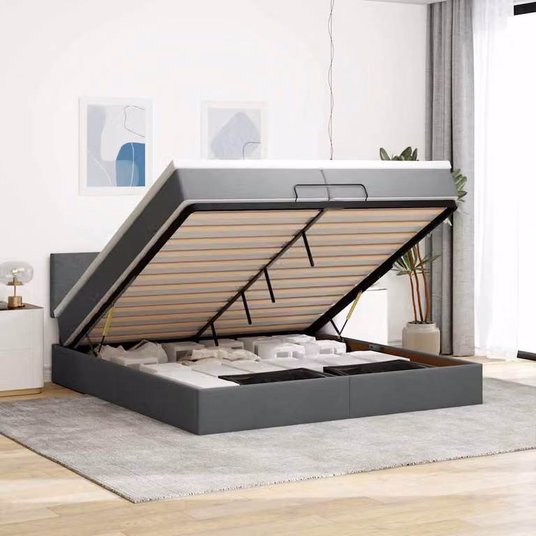 vidaXL Struttura Letto con Materasso e Contenitore a Sollevamento in Tessuto Grigio e Bianco L/P: 200 x 200 cm