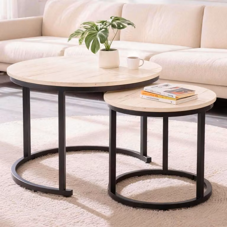 Set di tavolini da divano, 2 pezzi, forma rotonda, struttura in metallo nero, finitura effetto legno color avorio